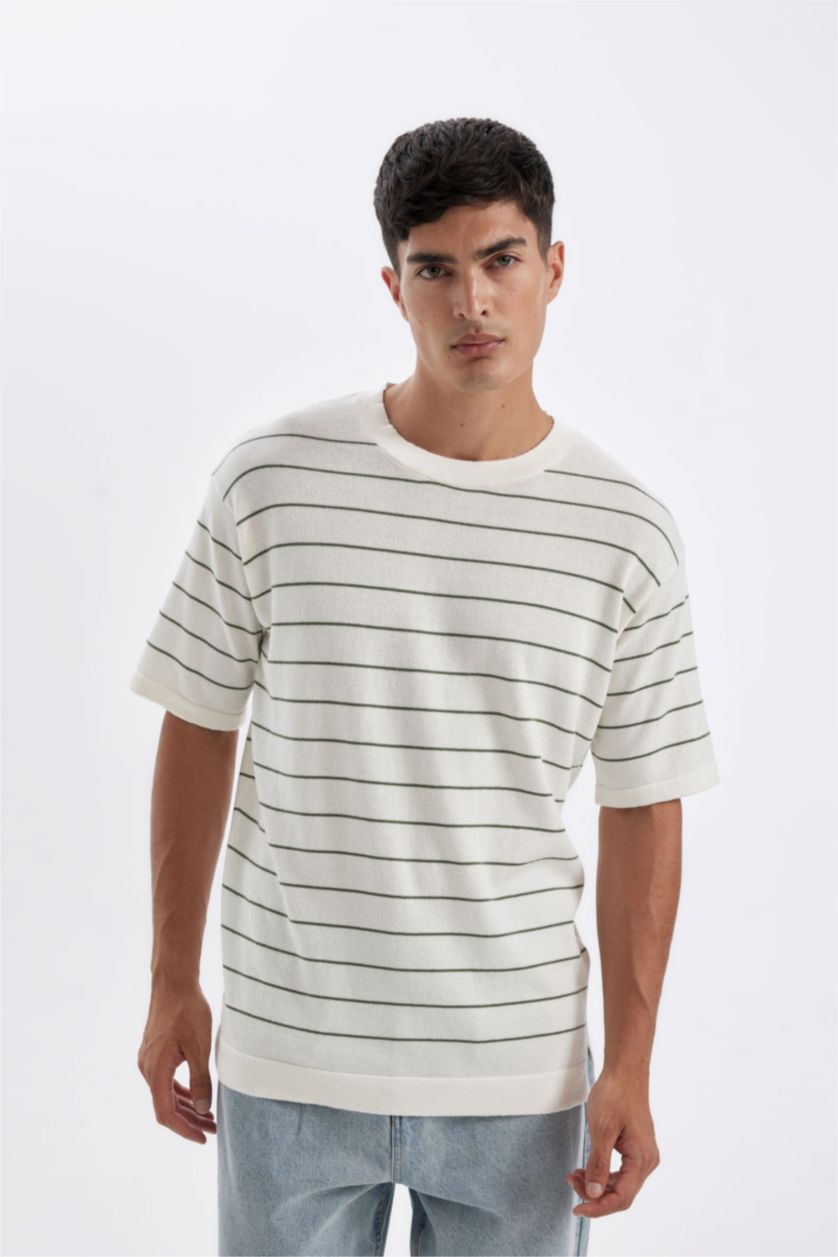 Man Khaki Standard Fit Crew Neck Cotton Striped T-Shirt