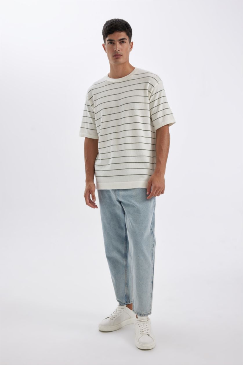 Man Khaki Standard Fit Crew Neck Cotton Striped T-Shirt