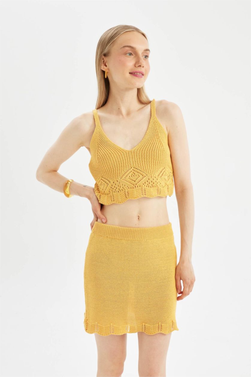 WOMAN Light Yellow Regular Fit V-Neck Crochet Crop Top