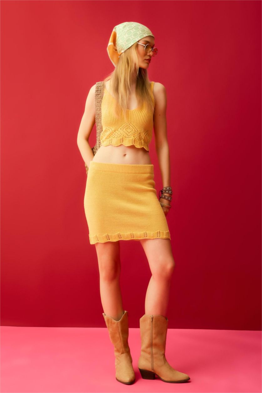 WOMAN Light Yellow Slim Fit Crochet Mini Skirt