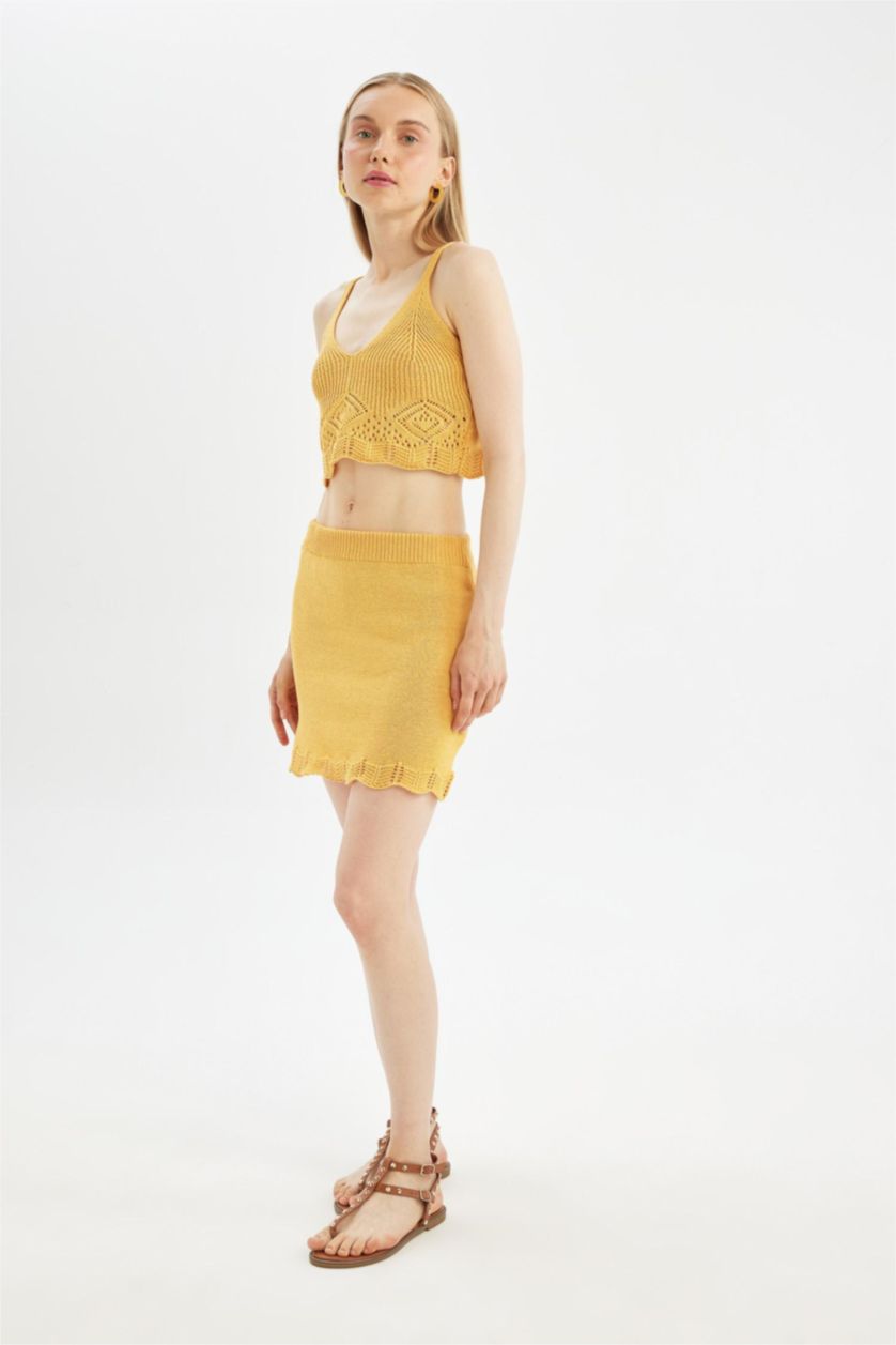 WOMAN Light Yellow Slim Fit Crochet Mini Skirt