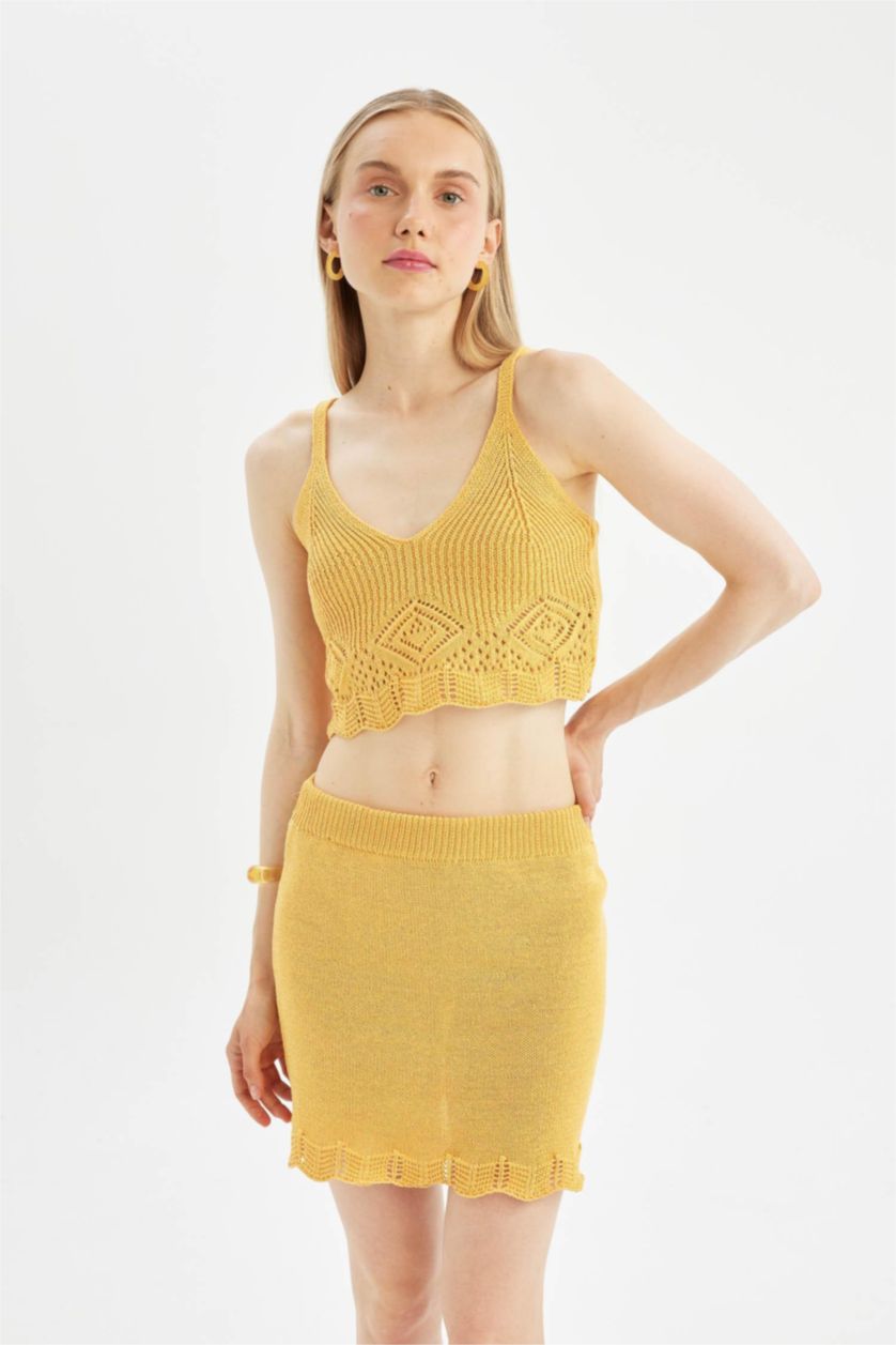 WOMAN Light Yellow Slim Fit Crochet Mini Skirt