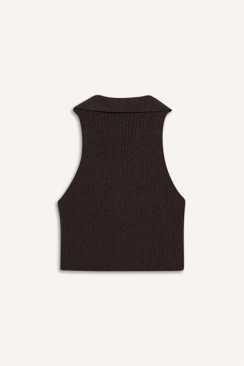 Kadın Kahve Slim Fit Dar Kesim Düğmeli Triko Yelek