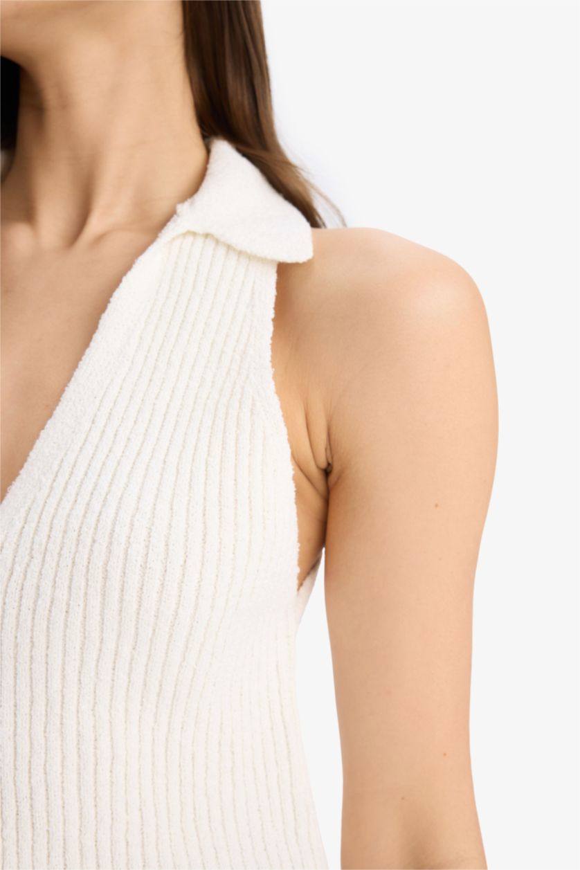 Kadın Ekru Slim Fit Dar Kesim Düğmeli Triko Yelek