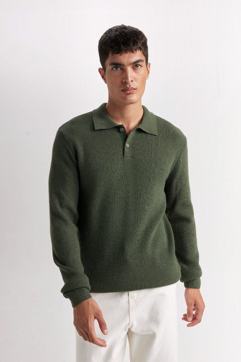 Erkek Haki Haki Standart Fit Normal Kesim Polo Yaka Triko Kazak