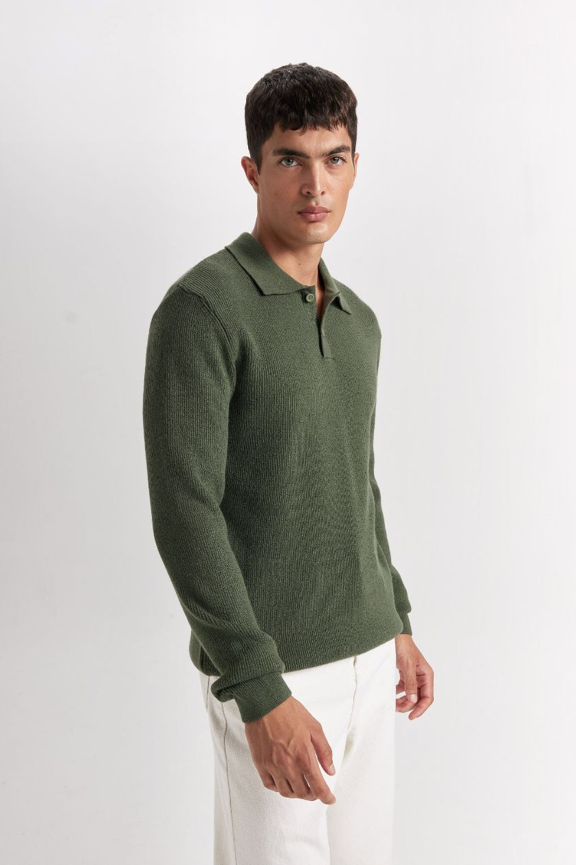 Erkek Haki Haki Standart Fit Normal Kesim Polo Yaka Triko Kazak