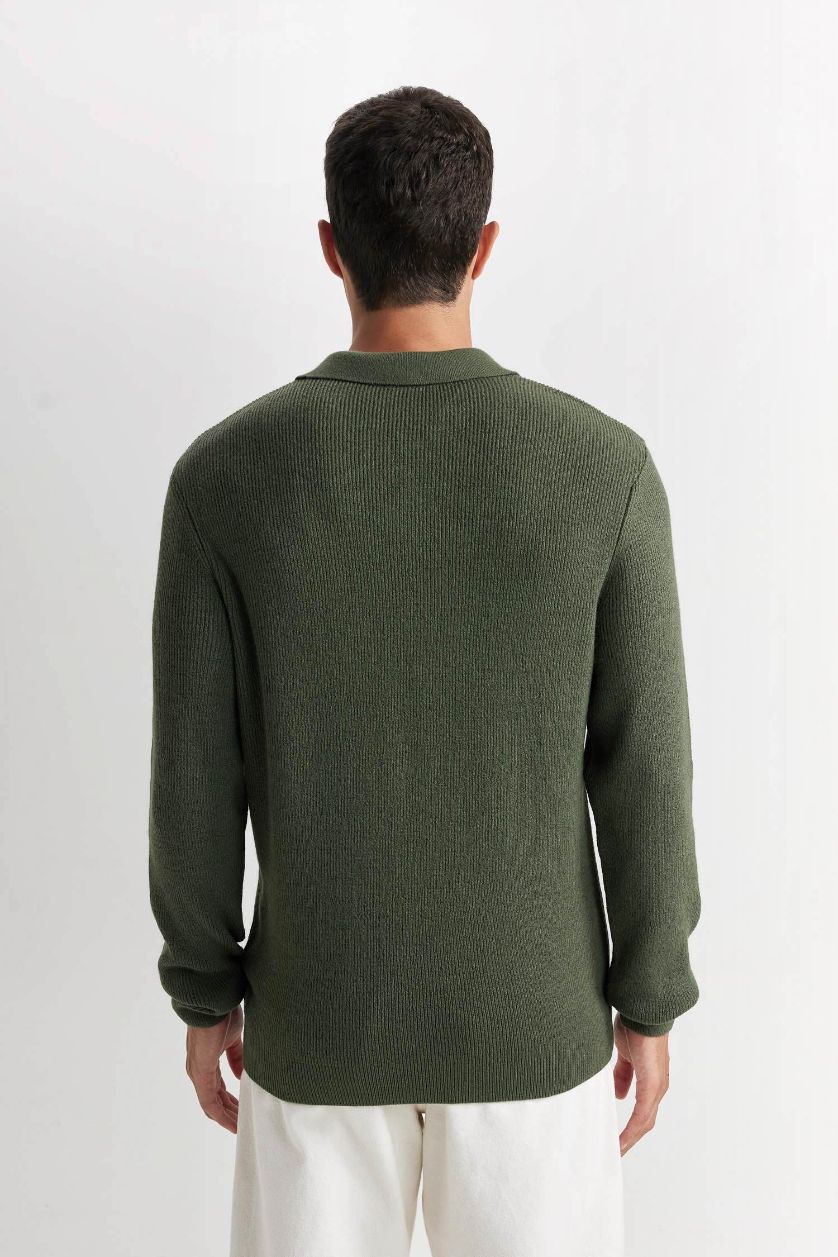 Erkek Haki Haki Standart Fit Normal Kesim Polo Yaka Triko Kazak