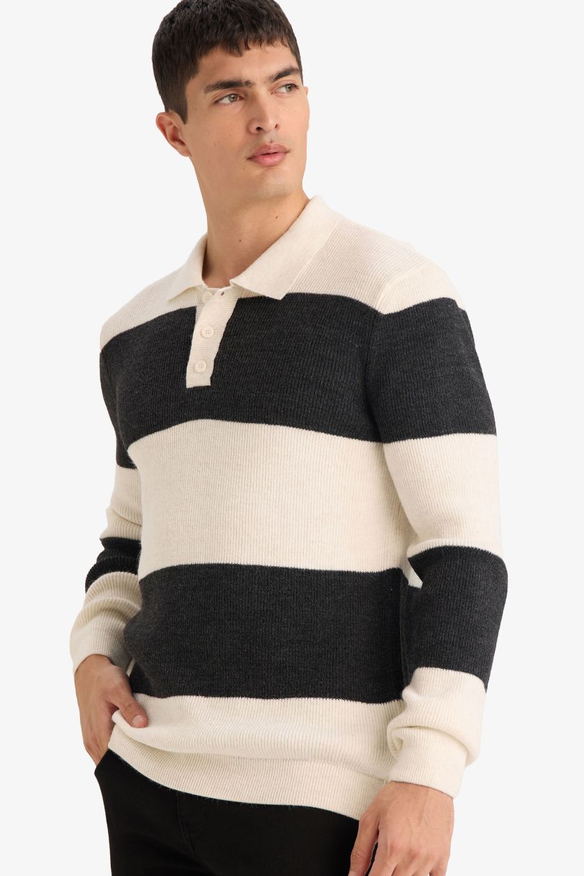 Erkek Ekru Standart Fit Polo Yaka Çizgili Triko Kazak