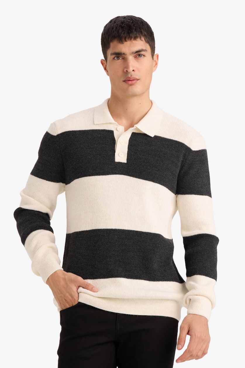 Erkek Ekru Standart Fit Polo Yaka Çizgili Triko Kazak