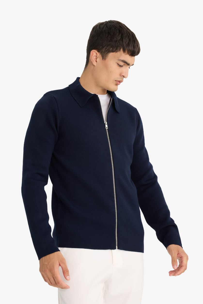 Man NAVY Standard Fit Polo Collar Knitwear Cardigan