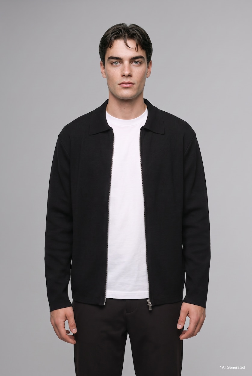 MESHKUJ Black Standard Fit Basic Knit Polo Collar Cardigan