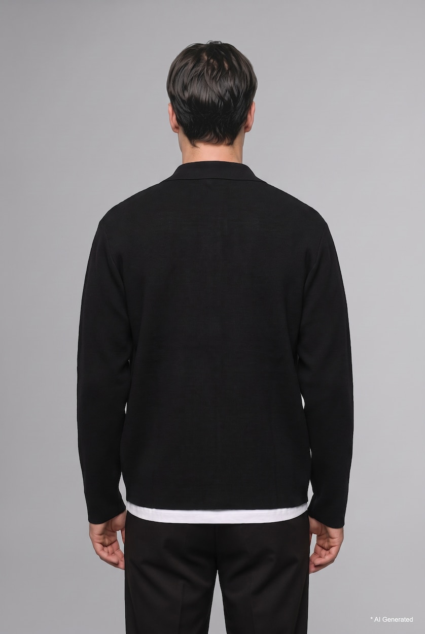 MESHKUJ Black Standard Fit Basic Knit Polo Collar Cardigan