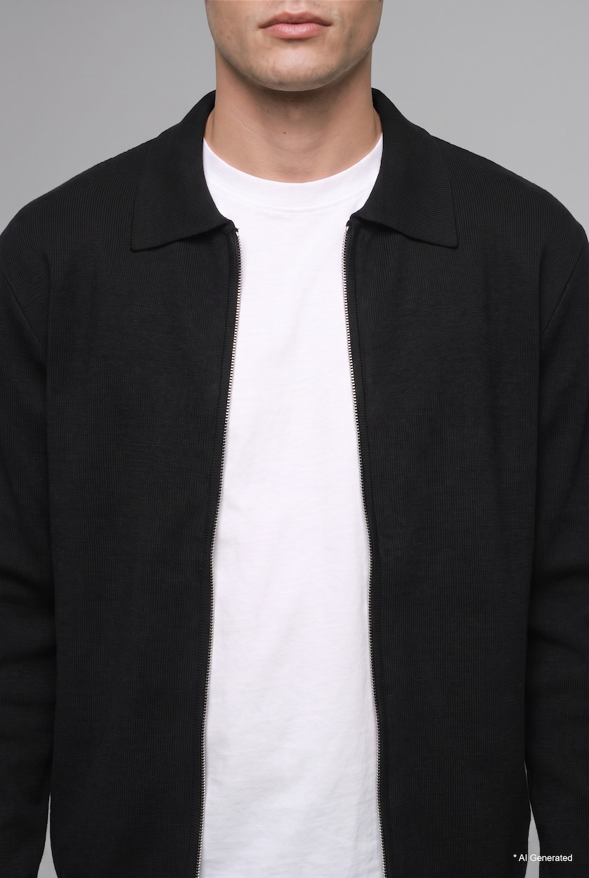 MESHKUJ Black Standard Fit Basic Knit Polo Collar Cardigan