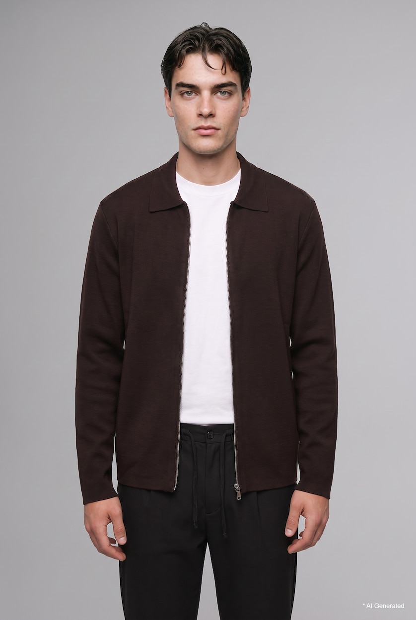 MESHKUJ Dark Brown Standard Fit Polo Collar Knitwear Cardigan