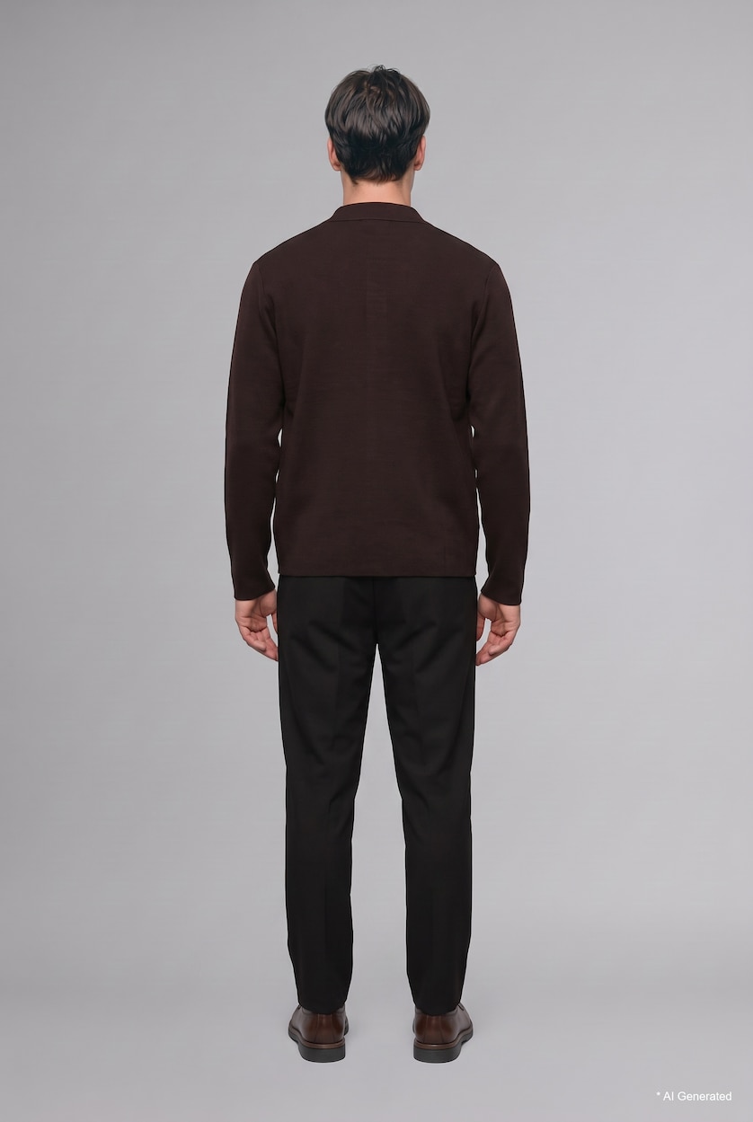 MESHKUJ Dark Brown Standard Fit Polo Collar Knitwear Cardigan