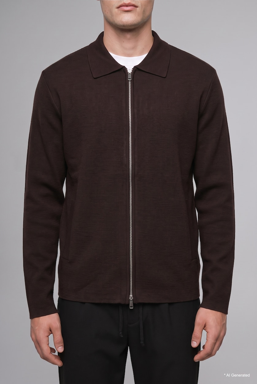 MESHKUJ Dark Brown Standard Fit Polo Collar Knitwear Cardigan