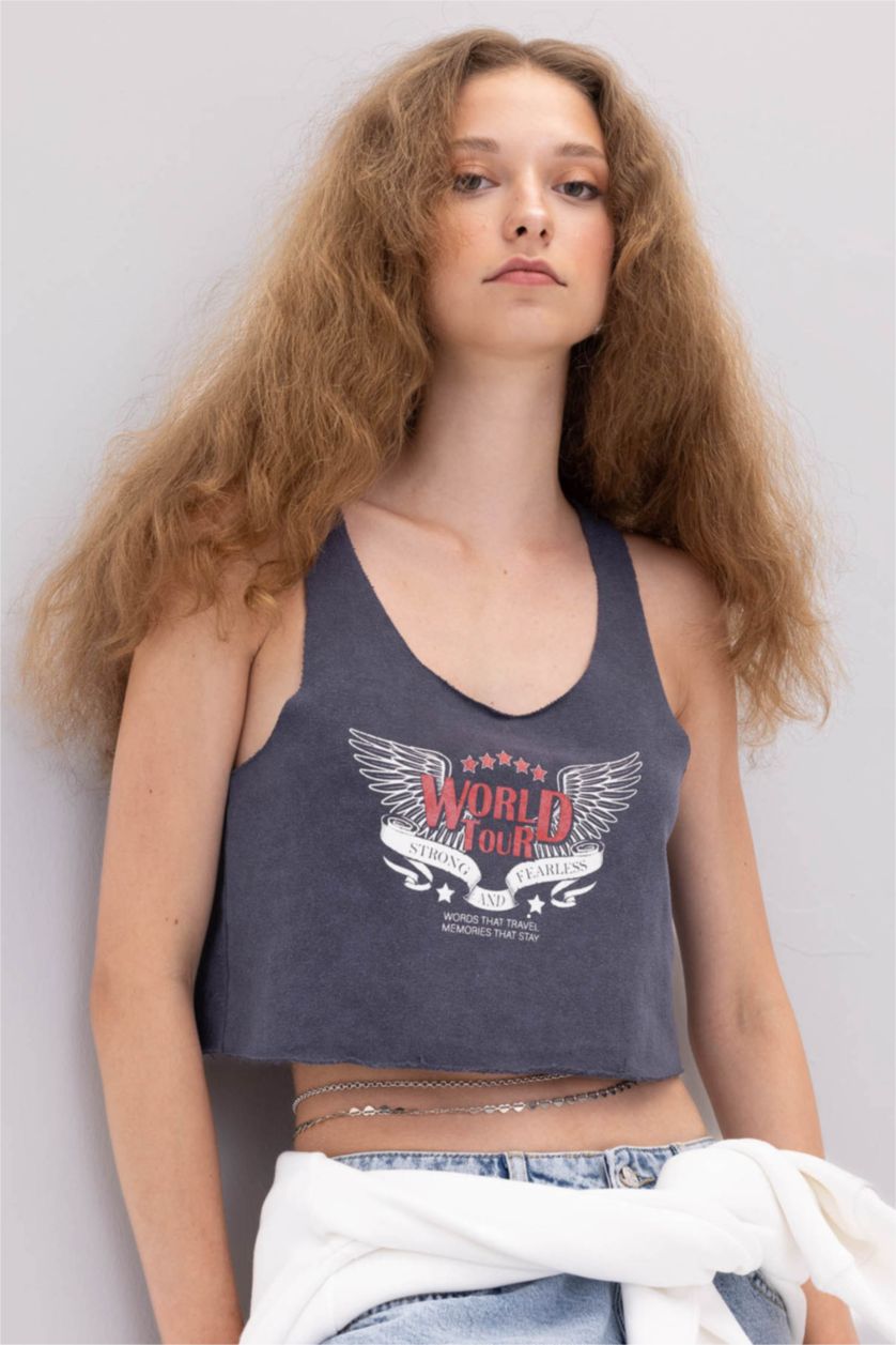 WOMAN Anthracite Loose Fit Printed Thick Fabric Crop Top