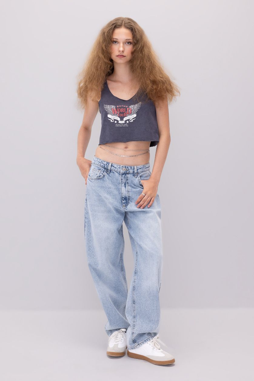 WOMAN Anthracite Loose Fit Printed Thick Fabric Crop Top