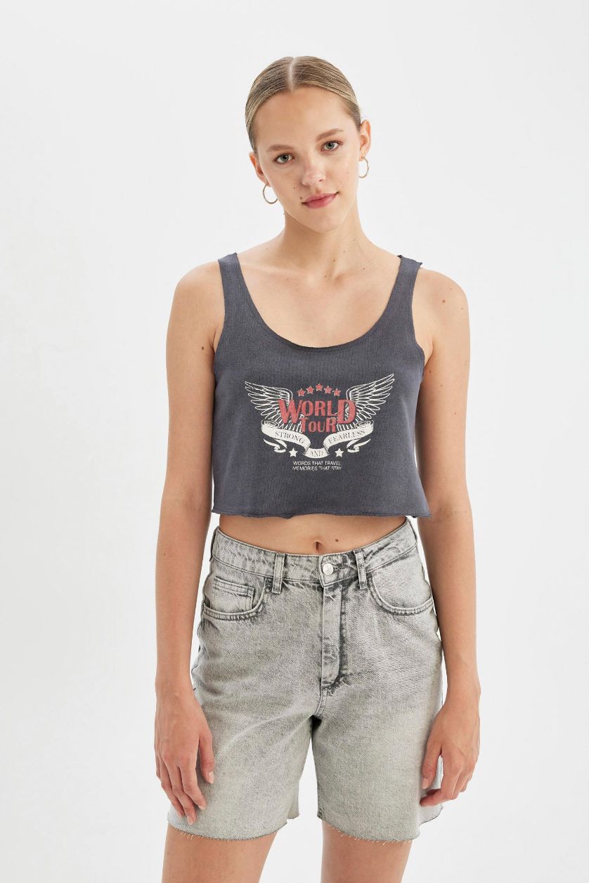 WOMAN Anthracite Loose Fit Printed Thick Fabric Crop Top