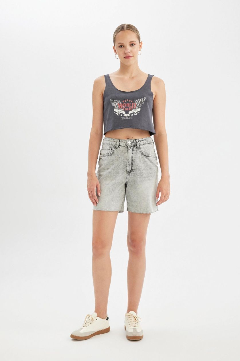 WOMAN Anthracite Loose Fit Printed Thick Fabric Crop Top