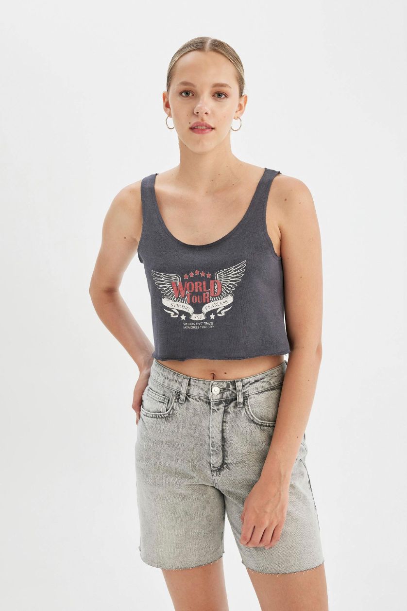 WOMAN Anthracite Loose Fit Printed Thick Fabric Crop Top