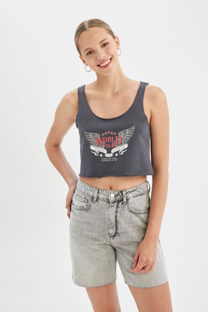 WOMAN Anthracite Loose Fit Printed Thick Fabric Crop Top