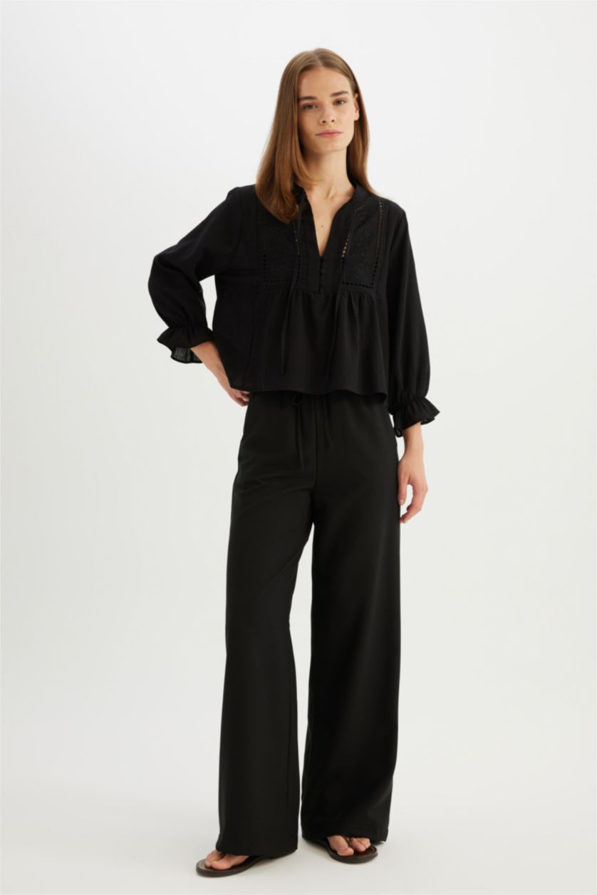 Kadın Siyah Regular Fıt Bisiklet Yaka Brode Uzun Kollu Bluz