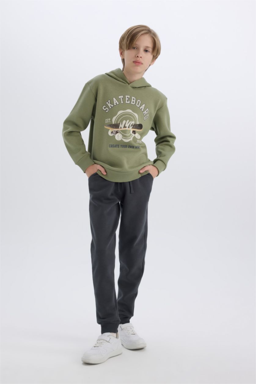 Erkek Çocuk - Genç Erkek Haki Erkek Çocuk 2'li Takım Kapüşonlu Baskılı Sweatshirt Beli Paçası Lastikli Eşofman Altı