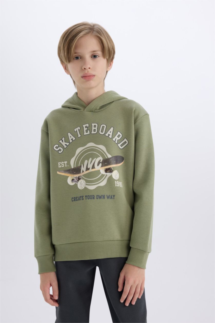 Erkek Çocuk - Genç Erkek Haki Erkek Çocuk 2'li Takım Kapüşonlu Baskılı Sweatshirt Beli Paçası Lastikli Eşofman Altı