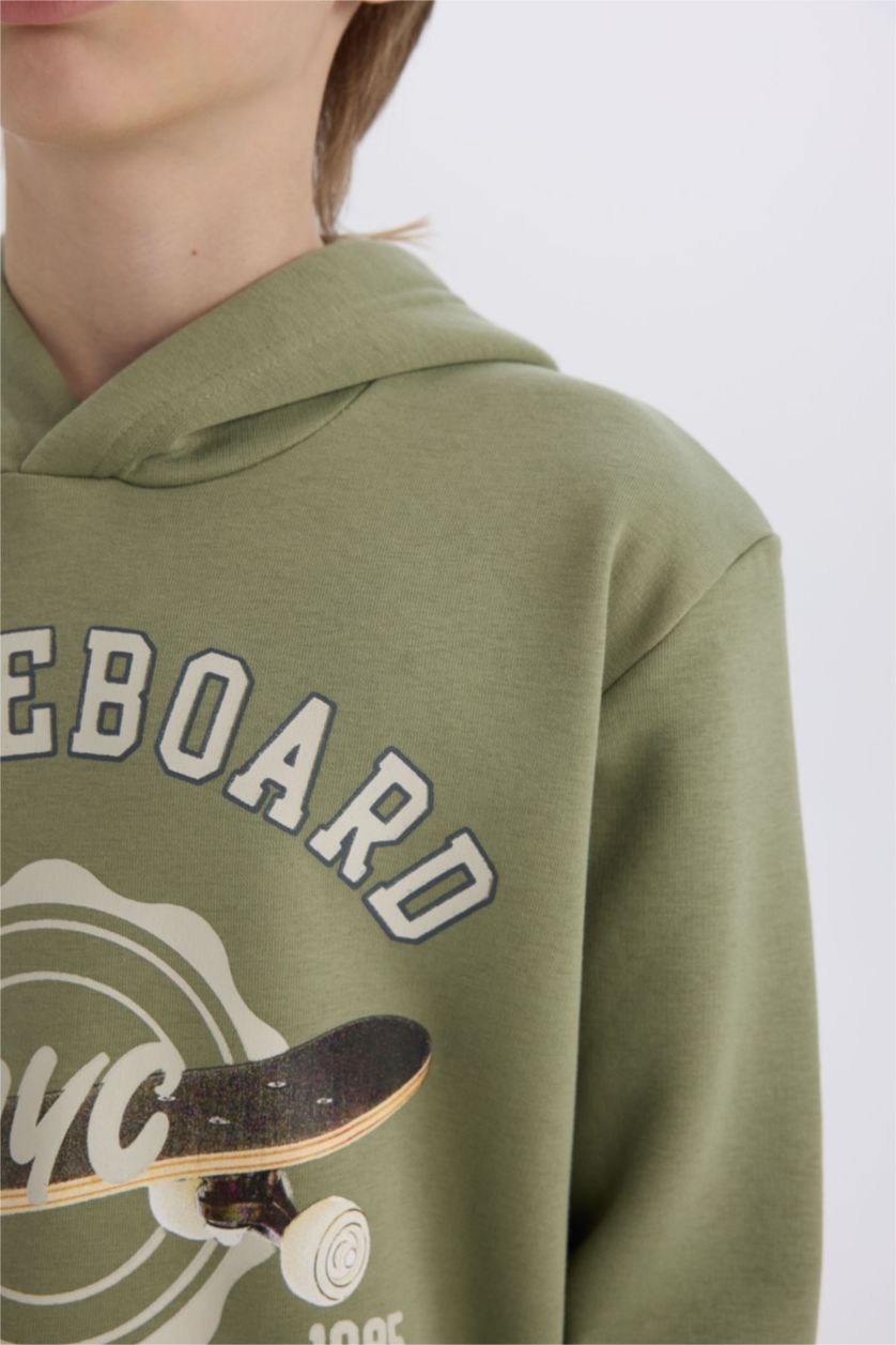 Erkek Çocuk - Genç Erkek Haki Erkek Çocuk 2'li Takım Kapüşonlu Baskılı Sweatshirt Beli Paçası Lastikli Eşofman Altı