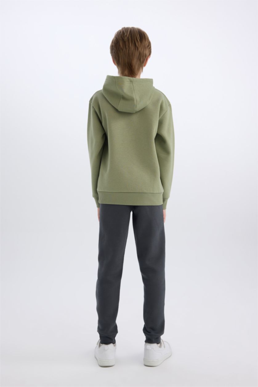 Erkek Çocuk - Genç Erkek Haki Erkek Çocuk 2'li Takım Kapüşonlu Baskılı Sweatshirt Beli Paçası Lastikli Eşofman Altı