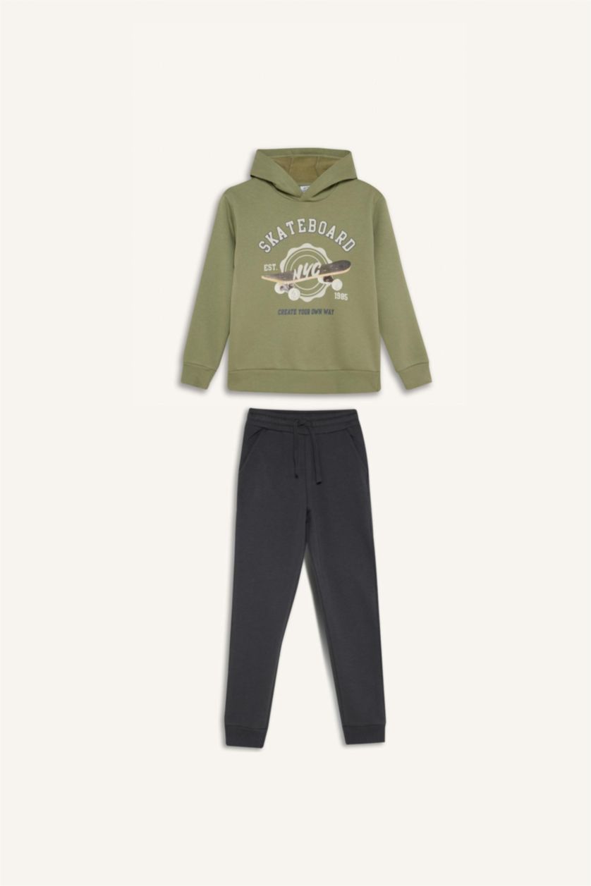 Erkek Çocuk - Genç Erkek Haki Erkek Çocuk 2'li Takım Kapüşonlu Baskılı Sweatshirt Beli Paçası Lastikli Eşofman Altı