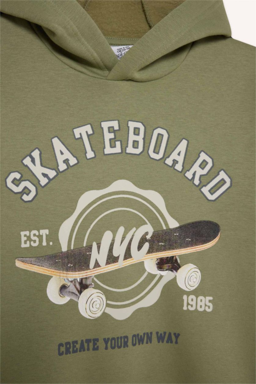 Erkek Çocuk - Genç Erkek Haki Erkek Çocuk 2'li Takım Kapüşonlu Baskılı Sweatshirt Beli Paçası Lastikli Eşofman Altı