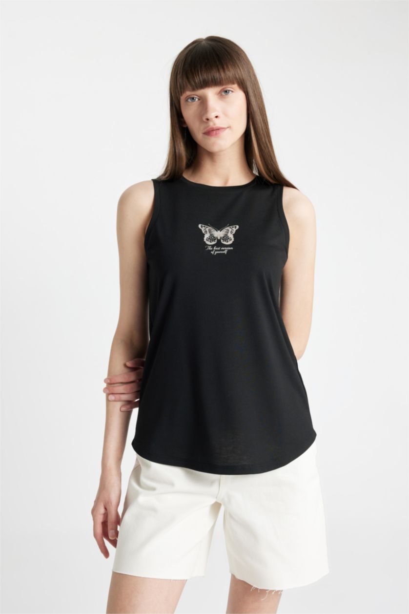 نساء أسود تيشيرت كت قصة عادية وطبعة شعار