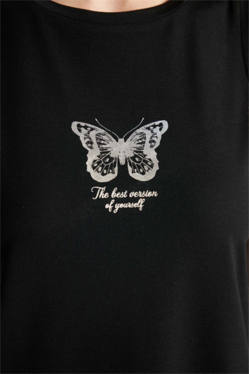 نساء أسود تيشيرت كت قصة عادية وطبعة شعار