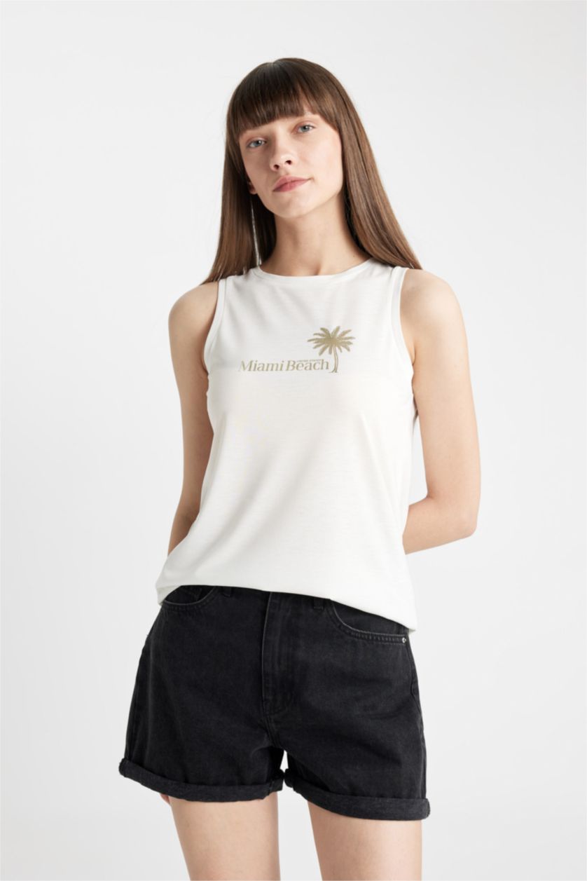 WOMAN Ecru Regular Fit Printed Crew Neck Sleeveless T-Shirt