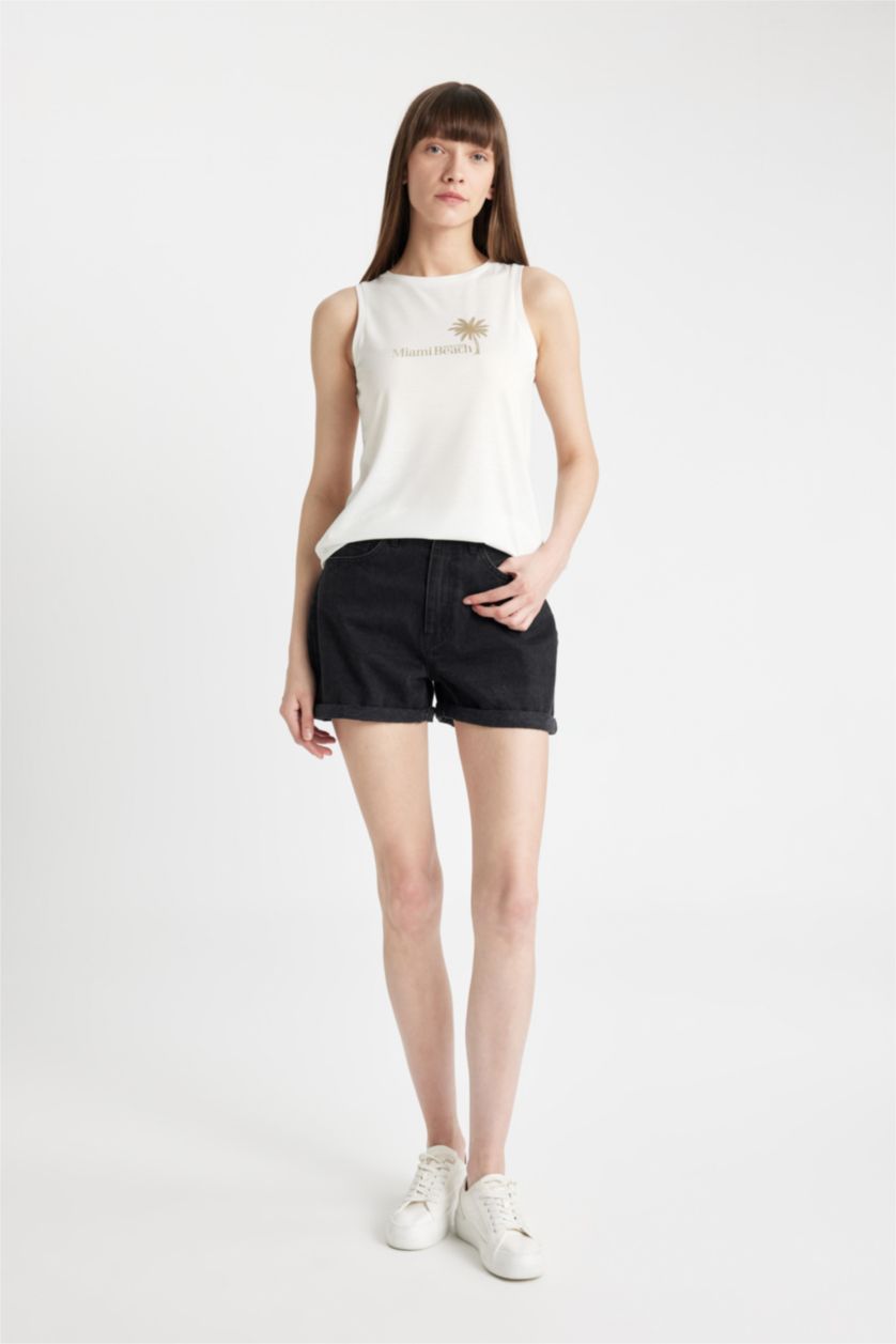 WOMAN Ecru Regular Fit Printed Crew Neck Sleeveless T-Shirt