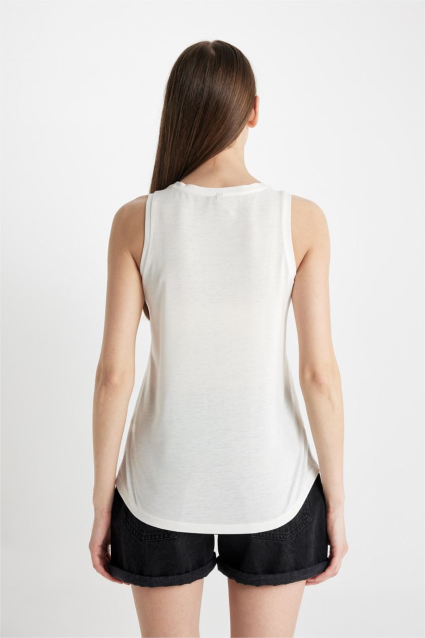 WOMAN Ecru Regular Fit Printed Crew Neck Sleeveless T-Shirt