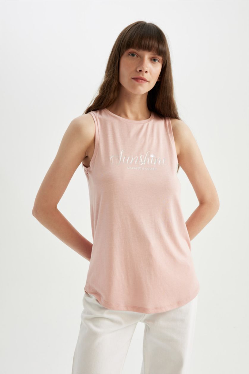 WOMAN Pink Regular Fit Printed Crew Neck Sleeveless T-Shirt