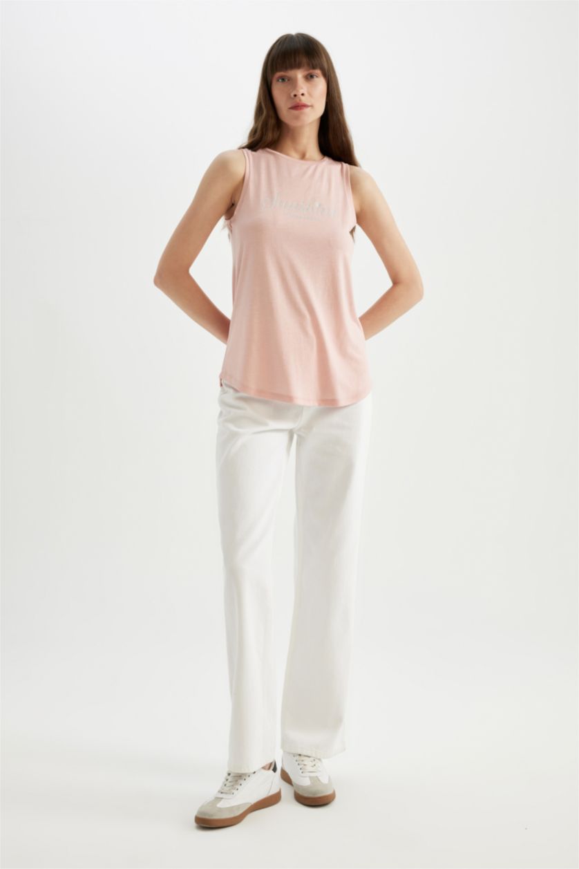 WOMAN Pink Regular Fit Printed Crew Neck Sleeveless T-Shirt