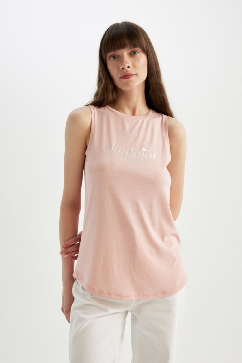 WOMAN Pink Regular Fit Printed Crew Neck Sleeveless T-Shirt