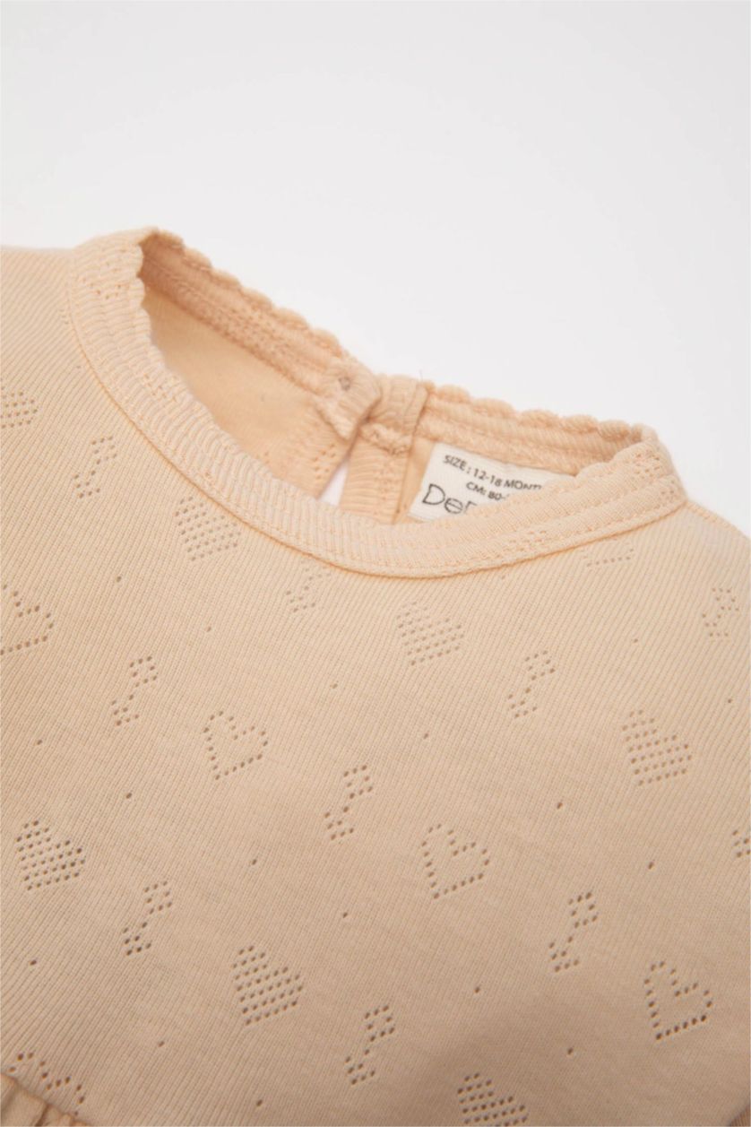 Kız Bebek Kum Pijama Takımı Ribana Kalp Baskılı Uzun Kollu Üst Uzun Alt Kız Bebek