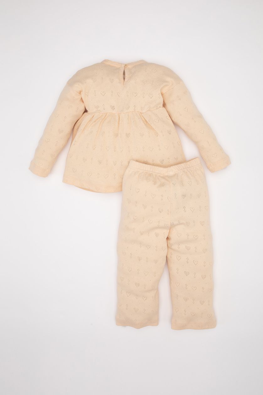 Kız Bebek Kum Pijama Takımı Ribana Kalp Baskılı Uzun Kollu Üst Uzun Alt Kız Bebek