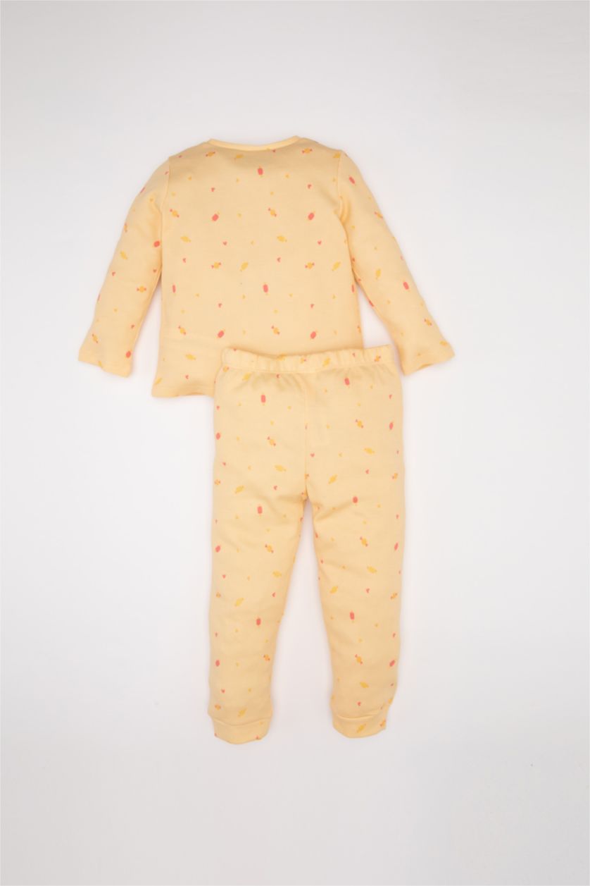 Kız Bebek Bej Kız Bebek Pijama Takımı Yiyecek Baskılı Waffle Uzun Kollu Üst Uzun Alt