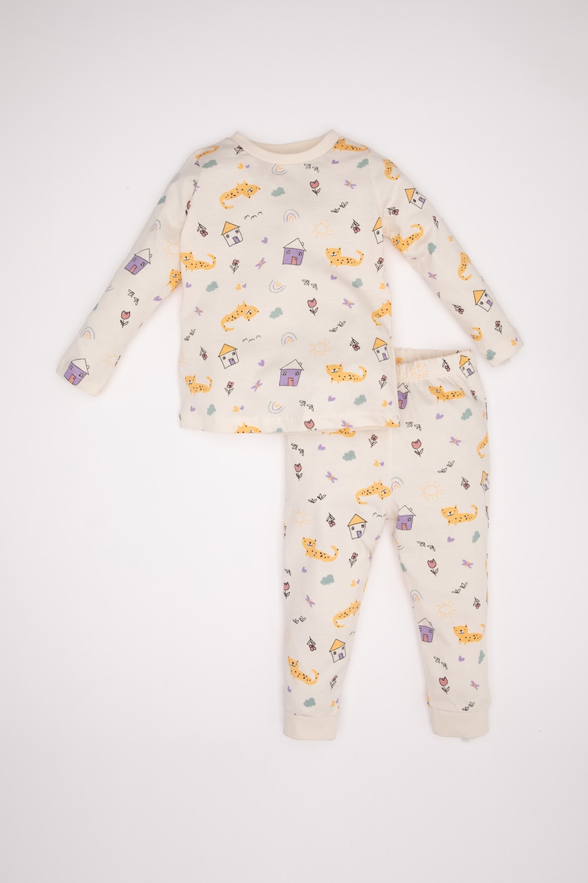 Kız Bebek Ekru Kız Bebek Pijama Takım Desenli Penye  Uzun Kollu Üst Beli Lastikli Uzun Alt