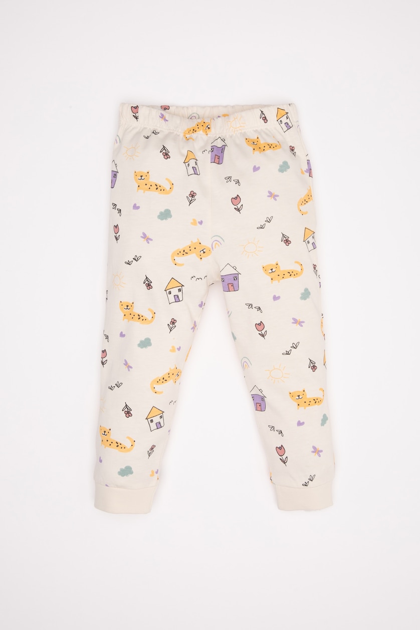 Kız Bebek Ekru Kız Bebek Pijama Takım Desenli Penye  Uzun Kollu Üst Beli Lastikli Uzun Alt