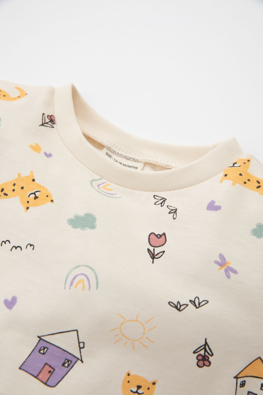 Kız Bebek Ekru Kız Bebek Pijama Takım Desenli Penye  Uzun Kollu Üst Beli Lastikli Uzun Alt