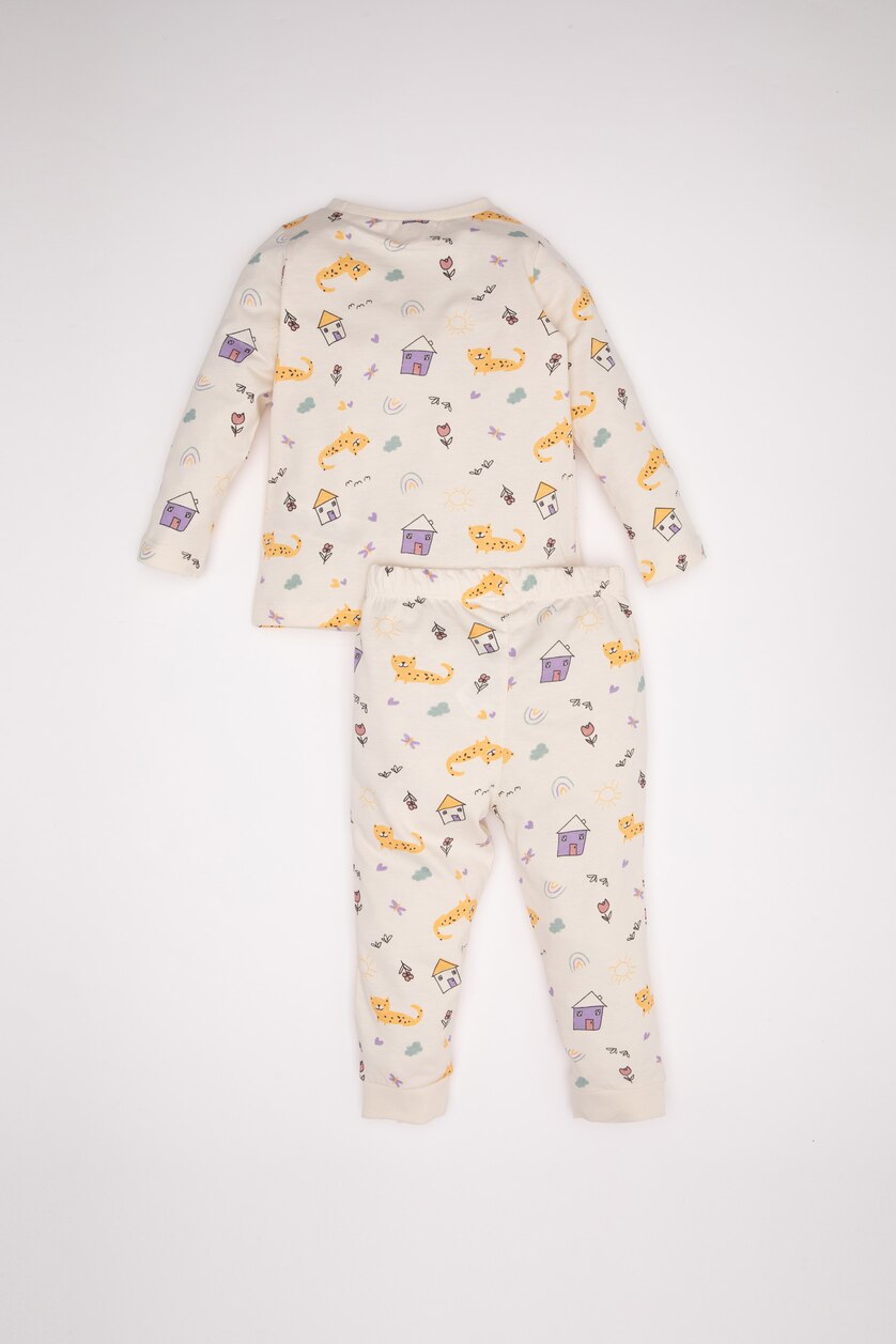 Kız Bebek Ekru Kız Bebek Pijama Takım Desenli Penye  Uzun Kollu Üst Beli Lastikli Uzun Alt