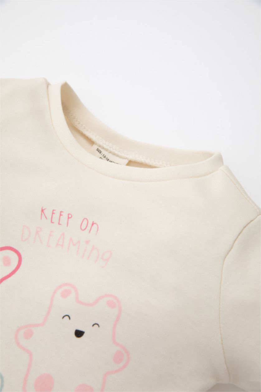 Kız Bebek Ekru Kız Bebek Pijama Takımı Baskılı Uzun Kollu Üst Uzun Alt