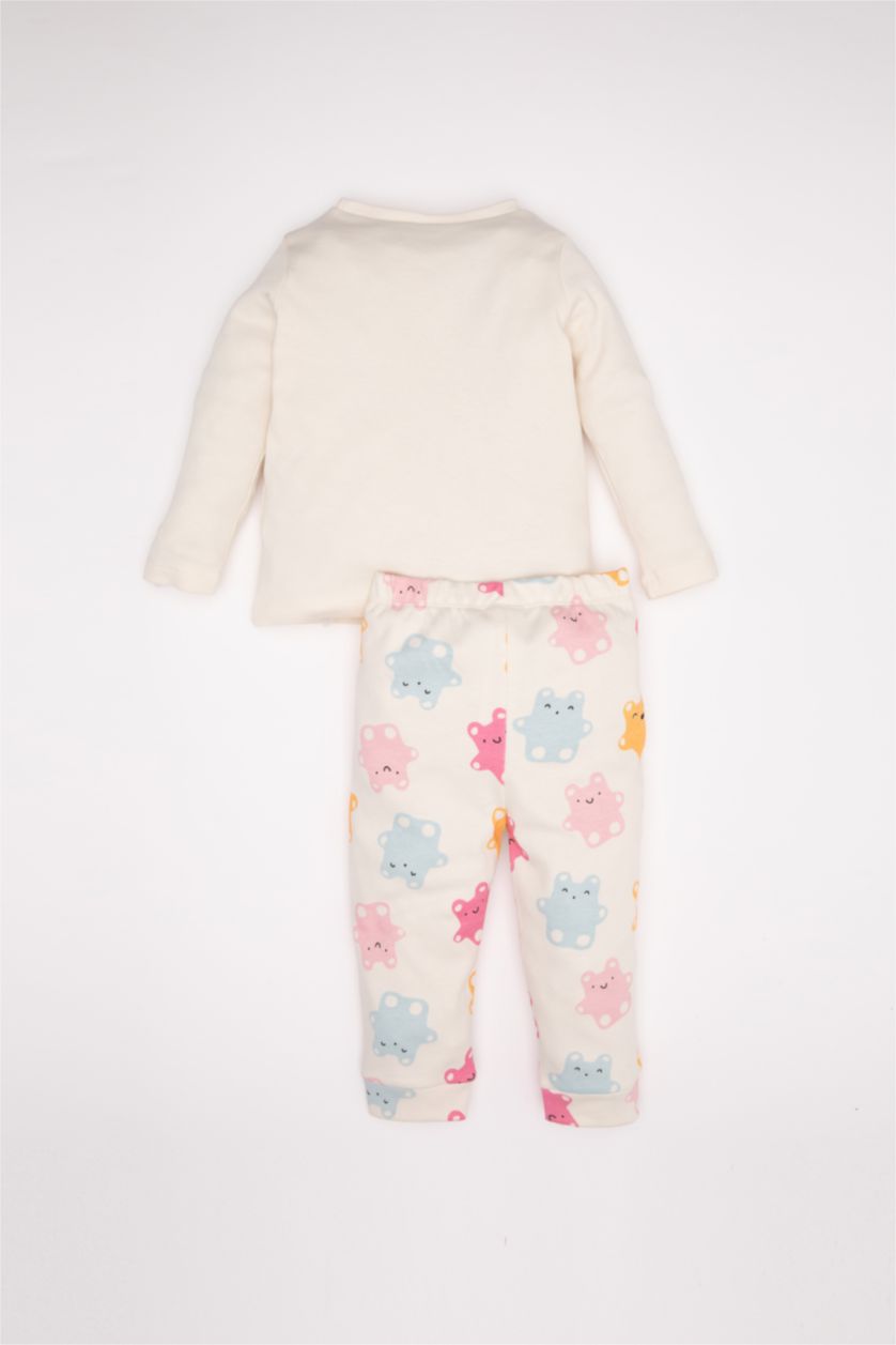 Kız Bebek Ekru Kız Bebek Pijama Takımı Baskılı Uzun Kollu Üst Uzun Alt